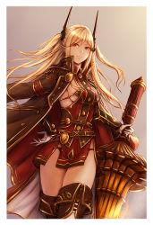 Rule 34 | &gt;:(, 1girl, black panties, blonde hair, breasts, copepe, cowboy shot, cryptract, epaulettes, frown, gloves, hair ornament, hand on own hip, holding, holding weapon, jacket, jacket on shoulders, lance, long hair, looking at viewer, medium breasts, panties, polearm, red eyes, sideboob, solo, thighhighs, two side up, underwear, v-shaped eyebrows, vambraces, weapon, white gloves