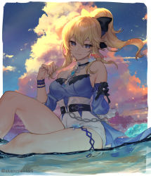 Rule 34 | 1girl, bad id, bad pixiv id, bare shoulders, beach, blonde hair, blouse, blue eyes, blue shirt, blue sky, bow, breasts, cloud, cloudy sky, flower, genshin impact, hair bow, hair ribbon, highres, jean (genshin impact), jean (sea breeze dandelion) (genshin impact), large breasts, long hair, looking at viewer, medium breasts, ojo aa, ponytail, ribbon, rose, shirt, shorts, signature, sitting, sky, smile, solo, water, white shorts, wristband