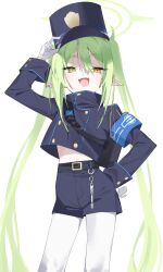 Rule 34 | 1girl, absurdres, ahegao, belt, blue archive, crop top, flat chest, gang h, gloves, green hair, green halo, halo, hikari (blue archive), highres, navel, pantyhose, pointy ears, simple background, solo, train conductor, whistle, white background, white gloves, white pantyhose, yellow eyes