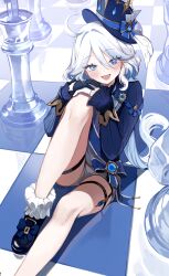 Rule 34 | absurdres, blue eyes, blue hair, blue hat, board game, chess, furina (genshin impact), genshin impact, hat, highres, light blue hair, long hair, long sleeves, looking at viewer, open mouth, seorang, sitting, solo