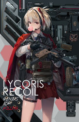 Rule 34 | 1girl, artist name, assault rifle, black gloves, blonde hair, chewing gum, bulletproof vest, character name, chewing gum, collared shirt, copyright name, english text, gloves, gun, handgun, headphones, headset, highres, holding, holding gun, holding weapon, holster, jacket, jacket on shoulders, kriss vector, long sleeves, looking at viewer, lycoris recoil, m1911, magazine (weapon), microphone, miniskirt, neko (yanshoujie), nishikigi chisato, one side up, optical sight, pleated skirt, red eyes, red jacket, red ribbon, red skirt, ribbon, rifle, shirt, short hair, skirt, smoke grenade, solo, submachine gun, thigh strap, thighs, trigger discipline, weapon, weapon request, white shirt