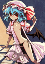 Rule 34 | 1girl, bad id, bad pixiv id, blue hair, female focus, flat chest, manle, no nipples, open clothes, open shirt, panties, red eyes, remilia scarlet, shirt, side-tie panties, solo, touhou, underwear, wings