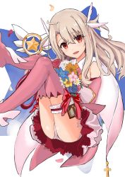 Rule 34 | 1girl, absurdres, ascot, ass, bare shoulders, blush, boots, bouquet, breasts, cape, card holster, dress, elbow gloves, fate/kaleid liner prisma illya, fate (series), feather hair ornament, feathers, flower, gloves, hair between eyes, hair ornament, highres, illyasviel von einzbern, kaleidostick, kebab (blackdoll), layered gloves, long hair, looking at viewer, magical ruby, open mouth, panties, pink dress, pink footwear, pink gloves, prisma illya, red eyes, sidelocks, skirt, small breasts, smile, thigh boots, thighhighs, two side up, underwear, wand, white cape, white gloves, white hair, white panties, white skirt, yellow ascot