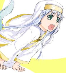 Rule 34 | 00s, 1girl, :o, arm support, cloak, fura, green eyes, highres, impossible clothes, index (toaru majutsu no index), long hair, long sleeves, looking afar, open mouth, silver hair, solo, toaru majutsu no index, veil, very long hair, white background