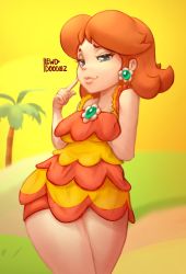 Rule 34 | 1girl, alternate costume, arm behind back, bare shoulders, blue eyes, breasts, brooch, closed mouth, collarbone, curvy, dress swimsuit, earrings, finger to cheek, flower earrings, half-closed eyes, highres, index finger raised, jewelry, lewddoodlez, mario (series), mario kart, mario kart tour, medium breasts, nintendo, one-piece swimsuit, orange hair, orange one-piece swimsuit, orange shorts, outdoors, palm tree, princess daisy, shorts, smirk, solo, swimsuit, thick eyebrows, tree, two-tone swimsuit, yellow one-piece swimsuit