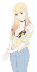Rule 34 | 1girl, absurdres, bad source, bare shoulders, bikini, blonde hair, blush, breasts, closed mouth, collarbone, denim, ear piercing, eyelashes, female focus, gyaru, highres, jeans, kitagawa marin, lips, long hair, looking at viewer, marloartw, necktie, pants, piercing, red eyes, shirt, simple background, smile, solo, sono bisque doll wa koi wo suru, swimsuit, t-shirt, white background