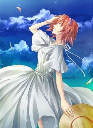Rule 34 | 10s, 1girl, arm up, blue eyes, canon memphis, cloud, day, dress, finger marks, from side, hairband, hat, holding, holding clothes, holding hat, kurose nao, looking up, petals, red hair, short hair, sky, smile, solo, soukyuu no fafner, sparkle, sun hat, unworn hat, unworn headwear, white dress