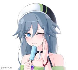 Rule 34 | 1girl, artist name, blue eyes, blue hair, casual, closed mouth, food, fu hua, fu hua (night squire), fu hua (spring traveler), green shirt, grey hair, hair between eyes, hat, highres, honkai (series), honkai impact 3rd, ice cream, long hair, low-tied long hair, low ponytail, off-shoulder shirt, off shoulder, official alternate costume, ponytail, shirt, simple background, solo, upper body, white background, white hat, yuhuria 52