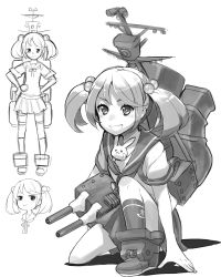 Rule 34 | 10s, 1girl, anchor symbol, badge, cannon, carrying, carrying under arm, greyscale, hair bobbles, hair ornament, hands on own hips, kantai collection, kneehighs, kneeling, looking at viewer, machinery, monochrome, open mouth, pleated skirt, rabbit, radio antenna, sazanami (kancolle), school uniform, serafuku, short hair, short sleeves, simple background, sketch, skirt, smile, smokestack, socks, solo, tonami kanji, twintails, uniform, white background