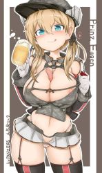 Rule 34 | 10s, 1girl, alcohol, anchor hair ornament, aqua eyes, beer, beer mug, between breasts, black ribbon, blonde hair, blush, breasts, cameltoe, cleavage, covered erect nipples, cross, cup, food, german flag, germany, gloves, hair ornament, hat, heart, heart-shaped pupils, highres, iron cross, kantai collection, large breasts, licking lips, looking at viewer, low twintails, micro panties, microskirt, military, military hat, military uniform, mug, navel, nipple slip, nipples, okiraku nikku, panties, peaked cap, prinz eugen (kancolle), ribbon, sausage, sexually suggestive, skirt, smile, solo, symbol-shaped pupils, thighhighs, tongue, tongue out, twintails, underwear, uniform, white gloves
