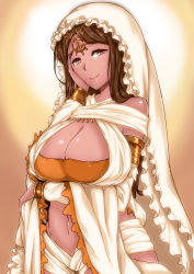 Rule 34 | 1girl, armband, bare shoulders, bracelet, breast hold, breasts, brown eyes, brown hair, cleavage, dark-skinned female, dark skin, dark souls (series), dark souls i, female focus, frills, from software, hand on own face, headdress, highres, huge breasts, jewelry, komusou (jinrikisha), lips, long hair, lots of jewelry, midriff, mole, mole on breast, navel, off shoulder, queen of sunlight gwynevere, simple background, smile, solo, strapless, sun, tube top, tunic