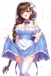 Rule 34 | 1girl, arm garter, bell, blue ribbon, blush, braid, breasts, brown hair, cherry blossoms, cleavage, clothes lift, collarbone, dress, dress lift, eyebrows, garter straps, hair ornament, hair over shoulder, hair ribbon, highres, jingle bell, kanpani girls, lace, lace-trimmed legwear, lace trim, large breasts, lifted by self, long hair, looking at viewer, maid, maid headdress, mole, mole under eye, open mouth, petals, ribbon, senri gan, shirayuri sakura, simple background, single braid, smile, solo, standing, thighhighs, tress ribbon, very long hair, white background, white thighhighs, yellow eyes