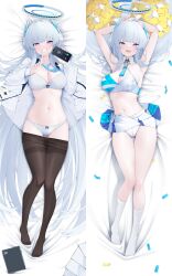 Rule 34 | 1girl, alternate costume, arm up, armpits, arms up, bare shoulders, bed sheet, blue archive, blush, bra, breasts, collarbone, crop top, dakimakura (medium), finger to mouth, from above, full body, gloves, hair ornament, halo, highres, large breasts, long hair, looking at viewer, lying, midriff, millennium cheerleader outfit (blue archive), multiple views, navel, noa (blue archive), on back, open mouth, panties, pantyhose, pillow, pleated skirt, ribbon, shirt, shushing, skirt, smile, stomach, thighs, underwear, very long hair, white footwear, white hair, white panties, z.taiga