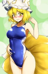 Rule 34 | 1girl, animal ears, animal hat, blonde hair, blue one-piece swimsuit, blush, breasts, competition swimsuit, d-m (dii emu), fox ears, fox tail, green background, hand on own stomach, hat, highres, kitsune, looking at viewer, medium breasts, mob cap, multiple tails, one-piece swimsuit, mob cap, short hair, solo, swimsuit, tail, touhou, yakumo ran, yellow eyes