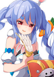 Rule 34 | 1girl, absurdres, ame., animal ear fluff, animal ears, bare shoulders, black leotard, blue hair, braid, carrot hair ornament, commentary request, crossover, detached sleeves, don-chan (usada pekora), dragon quest, dragon quest v, dress, food-themed hair ornament, hair between eyes, hair ornament, highres, holding, hololive, leotard, liquid metal slime (dq), metal slime, multicolored hair, puffy short sleeves, puffy sleeves, rabbit-shaped pupils, rabbit ears, red eyes, shaded face, short sleeves, simple background, strapless, strapless dress, strapless leotard, sweat, symbol-shaped pupils, treasure chest, twin braids, twintails, two-tone hair, upper body, usada pekora, usada pekora (1st costume), virtual youtuber, white background, white dress, white hair, white sleeves