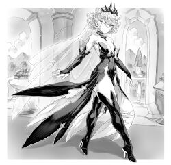 Rule 34 | 1girl, absurdres, bare shoulders, boots, breasts, closed mouth, collarbone, curly hair, detached sleeves, dress, from side, full body, greyscale, hair between eyes, high heel boots, high heels, highres, indoors, light smile, looking at viewer, mogudan, monochrome, one-punch man, pelvic curtain, small breasts, solo, standing, tatsumaki, thigh boots, thighs, tiara