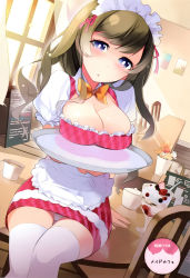 Rule 34 | 1girl, :o, absurdres, blue eyes, breast rest, breasts, breasts on tray, brown hair, carried breast rest, carrying, cleavage, curtains, haruse hiroki, highres, large breasts, maid headdress, panties, pantyshot, parfait, sitting, table, thighhighs, tray, underwear, waitress, white panties, white thighhighs