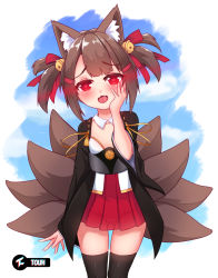 Rule 34 | akagi-chan (azur lane), animal ears, azur lane, bell, blunt bangs, blush, breasts, brown hair, fox ears, fox girl, fox tail, hair bell, hair ornament, highres, long sleeves, looking at viewer, multiple tails, red eyes, red skirt, ribbon, skirt, small breasts, solo, tail, thighhighs, touh, underwear
