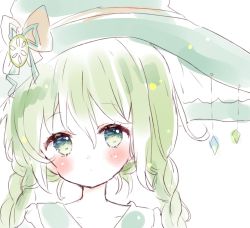 Rule 34 | 1girl, bad id, bad pixiv id, blush, bow, braid, brown bow, closed mouth, collarbone, green eyes, green hair, green hat, hair between eyes, hat, hat bow, highres, long hair, original, portrait, simple background, solo, tsukiyo (skymint), twin braids, twintails, white background, witch hat