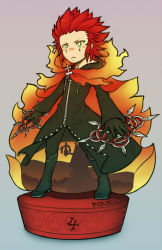 Rule 34 | 1boy, axel, cape, chakram, character name, full body, green eyes, kingdom hearts, kiwi (11241124), male focus, red hair, solo, standing, weapon