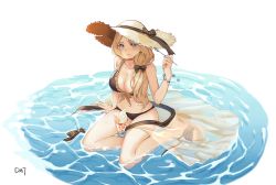 Rule 34 | 1girl, absurdres, alternate costume, bare legs, bikini, black bikini, black bow, blonde hair, blue eyes, bow, breasts, cleavage, commentary request, cup, da-cart, drinking glass, fire emblem, fire emblem: three houses, fire emblem heroes, food, frown, hair bow, hat, hat bow, highres, ice cream, large breasts, long hair, looking at viewer, mercedes von martritz, navel, nintendo, partial commentary, sandals, sarong, see-through, sitting, solo, stomach, sun hat, sundae, swimsuit, thighs, torn clothes, water, white background, yokozuwari