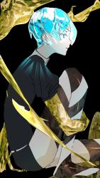 Rule 34 | 1other, androgynous, aqua eyes, aqua hair, arm around leg, belt, black background, black shirt, black shorts, collared shirt, colored eyelashes, colored skin, expressionless, from side, gem uniform (houseki no kuni), glowing, glowing hair, gold, golden arms, half-closed eyes, highres, houseki no kuni, knee up, liquid, melting, molten, molten metal, parted bangs, parted lips, phosphophyllite, puffy short sleeves, puffy sleeves, shirt, short hair, short shorts, short sleeves, shorts, simple background, sitting, solo, striped clothes, striped thighhighs, thighhighs, white belt, white shirt, white skin, ymym gy012