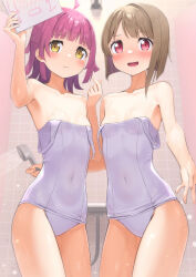 Rule 34 | 2girls, absurdres, apollo (hu maple), blush, brown hair, covered navel, drawing, highres, love live!, love live! nijigasaki high school idol club, multiple girls, nakasu kasumi, old school swimsuit, one-piece swimsuit, open mouth, pink hair, red eyes, school swimsuit, short hair, shower (place), shower head, swimsuit, tennoji rina, wet, wet clothes, wet swimsuit, white one-piece swimsuit, yellow eyes