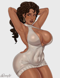 Rule 34 | 1girl, arms up, back, bare arms, bare shoulders, breasts, brown hair, covered navel, curvy, dark-skinned female, dark skin, earrings, hoop earrings, jewelry, large areolae, large breasts, lips, long hair, marvel, meme, meme attire, narrow waist, navel, no panties, panties, panties only, parted lips, rio morales, rocner, see-through, shiny skin, simple background, solo, spider-man: into the spider-verse, spider-man (series), spider-verse, thighs, underwear, virgin killer sweater, wide hips