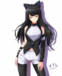 Rule 34 | 1girl, absurdres, asymmetrical sleeves, black hair, black hairband, black pantyhose, black sleeves, blake belladonna, contrapposto, detached sleeves, floating hair, hairband, highres, long hair, long sleeves, pantyhose, pantyhose under shorts, rwby, short shorts, shorts, simple background, solo, standing, uneven sleeves, very long hair, white background, white shorts, yellow eyes, zyl