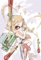 Rule 34 | 1girl, asymmetrical hair, bare arms, bare shoulders, black shorts, blonde hair, braid, closed mouth, frown, highres, holding, inkling, inkling girl, inkling player character, leg up, long hair, missile, nintendo, paint, plum0o0, pointy ears, red eyes, red footwear, shirt, shoes, shorts, sleeveless, sleeveless shirt, solo, sparkle, splatoon (series), splatoon 3, standing, standing on one leg, tentacle hair, triple inkstrike (splatoon), white shirt
