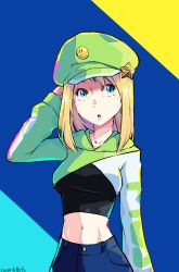 Rule 34 | 1girl, ace (cosmik arts), arm behind head, black sports bra, blonde hair, blue pants, blush, breasts, cabbie hat, commentary, cosmik arts, crop top, cropped hoodie, denim, edie crop hoodie, english commentary, fashion, fila, green hat, hat, hat ornament, highres, hood, hood down, hoodie, jeans, medium breasts, medium hair, meme attire, multicolored background, multicolored clothes, narrow waist, navel, open mouth, original, pants, product placement, sidelighting, solo, sports bra, star (symbol), star hat ornament, upper body