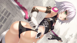 Rule 34 | 1girl, arm belt, arm strap, ass, bandages, bandaged hand, bandages, bare shoulders, black panties, breasts, building, butt crack, cowboy shot, dual wielding, facial scar, fate/apocrypha, fate/grand order, fate (series), fingerless gloves, from below, gloves, green eyes, grey hair, groin, highres, holding, holding knife, holding weapon, house, jack the ripper (fate/apocrypha), kaina (tsubasakuronikuru), knife, looking at viewer, looking back, lowleg, lowleg panties, outdoors, panties, scar, scar across eye, scar on cheek, scar on face, short hair, single fingerless glove, small breasts, solo, strap, tattoo, thighhighs, thighs, twisted torso, underwear, weapon