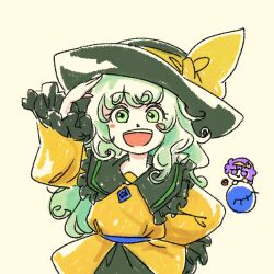 Rule 34 | 2girls, arm behind back, blush stickers, bow, chibi, collar, collared shirt, curly hair, frilled collar, frilled sleeves, frills, green eyes, green hair, green headwear, hairband, hand on own head, hat, hat bow, komeiji koishi, komeiji satori, long hair, looking at another, looking at viewer, multiple girls, numenoko, open mouth, purple hair, shirt, short hair, simple background, smile, solid circle eyes, straight-on, teeth, third eye, touhou, upper body, upper teeth only, yellow background, yellow bow, yellow shirt