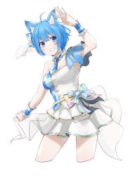 Rule 34 | 1girl, ahoge, animal ear fluff, animal ears, animare stage costume, belt, blue bow, blue eyes, blue hair, blue necktie, blush, bow, breasts, cleavage, commentary request, cowboy shot, cropped legs, dog ears, dog girl, epaulettes, frilled shirt, frills, grin, highres, looking at viewer, lovermoonlight, medium bangs, medium breasts, nanashi inc., necktie, official alternate costume, shirt, short hair, short necktie, simple background, single epaulette, skirt, smile, solo, souya ichika, strapless, strapless shirt, striped, striped bow, virtual youtuber, waist bow, white background, white belt, white bow, white shirt, white skirt, wrist cuffs