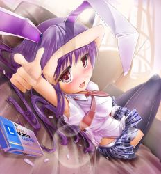 Rule 34 | 1girl, animal ears, bad perspective, bad proportions, black thighhighs, blush, darren, female focus, foreshortening, long hair, lying, necktie, on back, panties, pointing, purple hair, rabbit ears, red eyes, reisen udongein inaba, skirt, solo, suppository, thighhighs, touhou, underwear, white panties