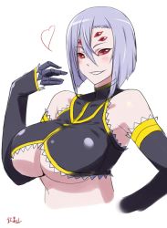 Rule 34 | 10s, 1girl, bad id, bad pixiv id, bare shoulders, blush, breasts, claws, detached sleeves, extra eyes, female focus, hair over one eye, heart, highres, arthropod girl, kagiyama (clave), large breasts, light purple hair, monster girl, monster musume no iru nichijou, parted lips, rachnera arachnera, red eyes, short hair, signature, simple background, sketch, smile, solo, spider girl, underboob, upper body, white background