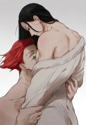 Rule 34 | 2boys, bare shoulders, black hair, closed mouth, earrings, facial mark, hair over shoulder, half-closed eyes, hands on another&#039;s arms, hashtag only commentary, heart, heart earrings, highres, hisoka morow, hunter x hunter, illumi zoldyck, jewelry, long hair, long sleeves, looking at another, looking down, male focus, multiple boys, nipples, nude, off shoulder, red hair, runny makeup, short hair, simple background, star (symbol), star facial mark, thuy nguu056, toned, toned male, veins, yaoi