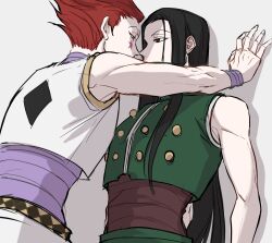Rule 34 | 2boys, black hair, empty eyes, enyalee, eye contact, from side, hair slicked back, highres, hisoka morow, hunter x hunter, illumi zoldyck, kabedon, long hair, looking at another, male focus, multiple boys, outstretched arms, red hair, short hair, sketch, sleeveless, upper body, yaoi