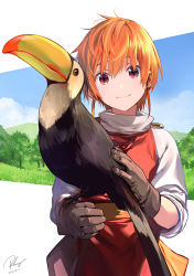 Rule 34 | 1girl, bird, blue sky, brown gloves, brown hair, cloud, commentary, dated, gloves, highres, joy (monster farm), looking at viewer, monster farm, outdoors, re lucy, red eyes, sash, signature, sky, smile, toucan, tree