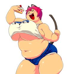 Rule 34 | 1girl, animal ears, belly, breasts, brown eyes, cake, cat ears, cat tail, fat, food, large breasts, lowres, navel, pink hair, squarewave, tail