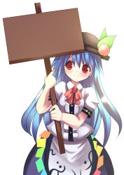 Rule 34 | 1girl, blue hair, female focus, food, fruit, hat, hinanawi tenshi, holding, holding sign, long hair, peach, red eyes, sign, sign holding, solo, template, touhou, tsunono