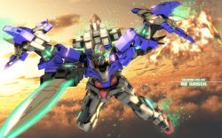 Rule 34 | 00 raiser, 3d, arm blade, character name, cloud, cloudy sky, commentary request, english text, explosion, flying, glowing, glowing eyes, gn drive, green eyes, gundam, gundam 00, highres, holding, holding sword, holding weapon, light particles, mecha, mobile suit, no humans, robot, sky, solo, sword, v-fin, weapon, zefai