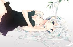 Rule 34 | 1girl, bare shoulders, black dress, blush, branch, breasts, cleavage, closed mouth, collarbone, dress, green eyes, knees up, leaf, long hair, looking at viewer, lying, medium breasts, naoto (tulip), nightgown, on back, original, short dress, sidelocks, silver hair, smile, solo, tareme, water drop