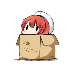 Rule 34 | 1girl, bob cut, box, braid, cardboard box, dated, etorofu (kancolle), hat, hatsuzuki 527, in box, in container, kantai collection, red hair, sailor hat, sidelocks, simple background, solid oval eyes, solo, translation request, twin braids, twitter username, white background, white hat