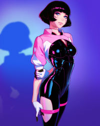 Rule 34 | 1girl, black gloves, black hair, blue eyes, blunt bangs, bob cut, bodysuit, breasts, closed mouth, collarbone, commentary, cyberpunk (series), cyberpunk edgerunners, english commentary, gloves, gradient background, highres, ilya kuvshinov, sasha (cyberpunk), shadow, short hair, small breasts, solo, thigh strap, two-tone gloves, white gloves