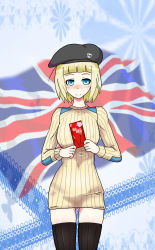 Rule 34 | 1girl, beret, blue eyes, blush, breasts, cecilia glinda miles, food, hat, highres, pocky, ribbed sweater, short hair, solo, strike witches, sweater, thigh gap, thighhighs, union jack, witches of africa, world witches series