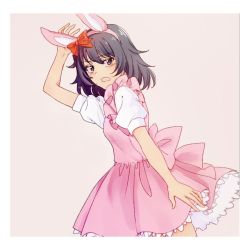 Rule 34 | 1girl, andou (girls und panzer), animal ears, april tada, back bow, beige background, black hair, bow, brown eyes, collared shirt, comic, cowboy shot, dark-skinned female, dark skin, dress, easter, embarrassed, fake animal ears, frilled dress, frills, from side, frown, girls und panzer, hair bow, hand on own head, lace, lace-trimmed dress, lace trim, large bow, leaning forward, medium hair, messy hair, open mouth, pink dress, puffy short sleeves, puffy sleeves, rabbit ears, red bow, shirt, short dress, short sleeves, silent comic, simple background, solo, standing, white shirt