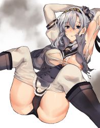 Rule 34 | 1girl, arms behind head, bad id, bad twitter id, black headband, black panties, blue eyes, blush, bodysuit, boots, breasts, clothes pull, clothes writing, convenient censoring, corset, damaged, grey footwear, grey jacket, headband, highres, inusaka, jacket, kantai collection, looking at viewer, medium breasts, medium hair, messy hair, oekaki, one side up, open clothes, open jacket, panties, pantyhose, pantyhose pull, parted lips, pleated skirt, school uniform, serafuku, silver hair, simple background, sitting, skirt, smoke, solo, spread legs, striped clothes, striped skirt, suzutsuki (kancolle), torn bodysuit, torn clothes, torn jacket, underwear, white background, white bodysuit, white pantyhose, white skirt