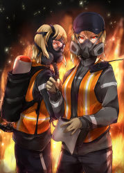 Rule 34 | 2girls, ayyh, baseball cap, blonde hair, cleaners, field radio, fire, flamethrower, gas mask, gloves, hat, highres, mask, multiple girls, notepad, oxygen mask, oxygen tank, pen, red eyes, respirator, short hair, tom clancy&#039;s the division, vest, weapon