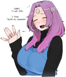 Rule 34 | 1girl, apron, blush, english text, flying sweatdrops, highres, long hair, ohasi, open mouth, original, pc (ohasi), purple hair, simple background, sleeves past wrists, solo, sweat, sweater, turtleneck, turtleneck sweater, upper body, usb, waving, white background